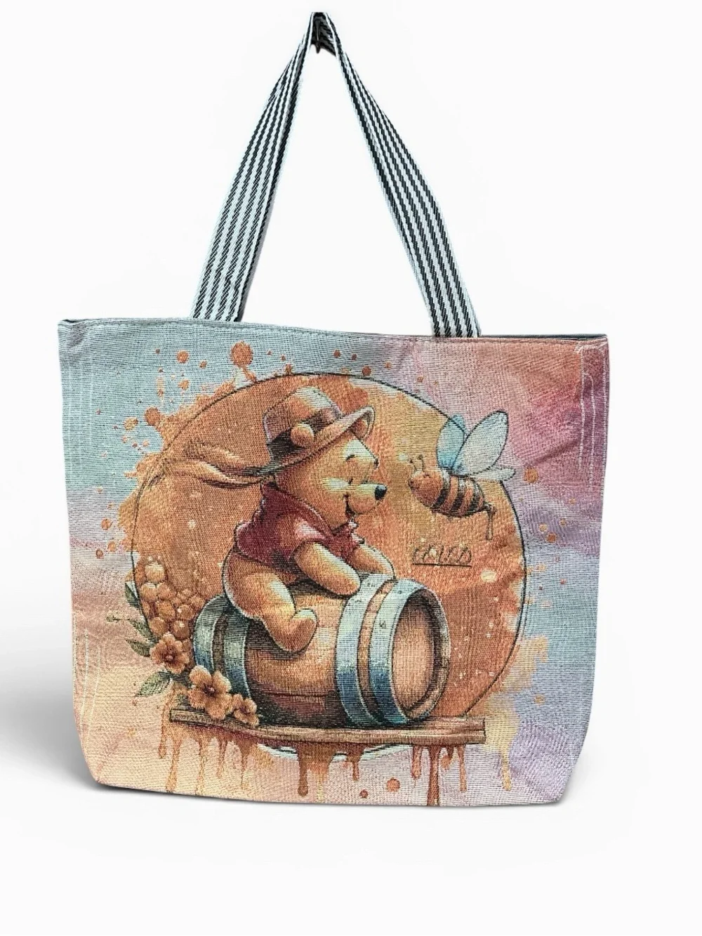 Cute Bear & Bee Illustrated Tote Bag - Blue Multi